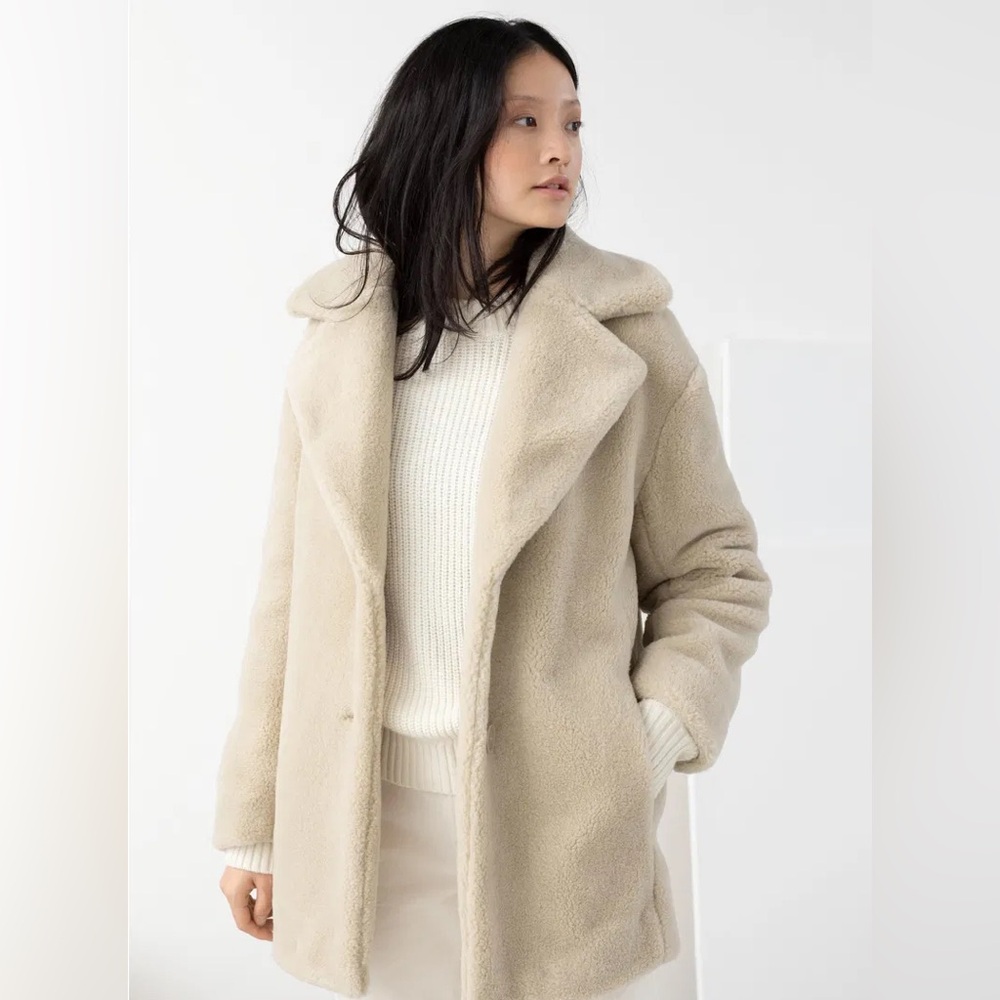 Cream Faux Fur Wool-Blend Teddy Jacket with Oversized Collar